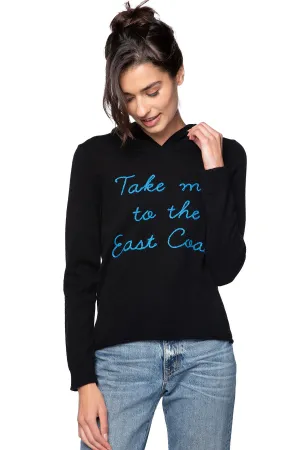 100% Cashmere Hoodie Sweater Black with Embroidery Stitch "Take me to the East Coast"