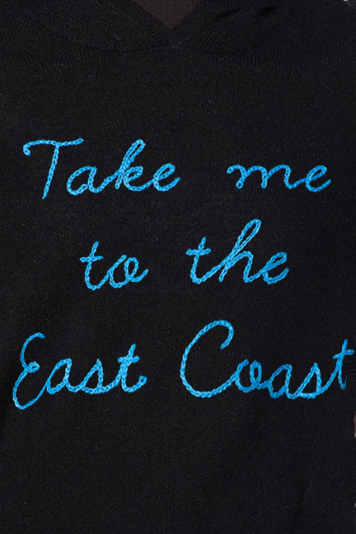 100% Cashmere Hoodie Sweater Black with Embroidery Stitch "Take me to the East Coast"