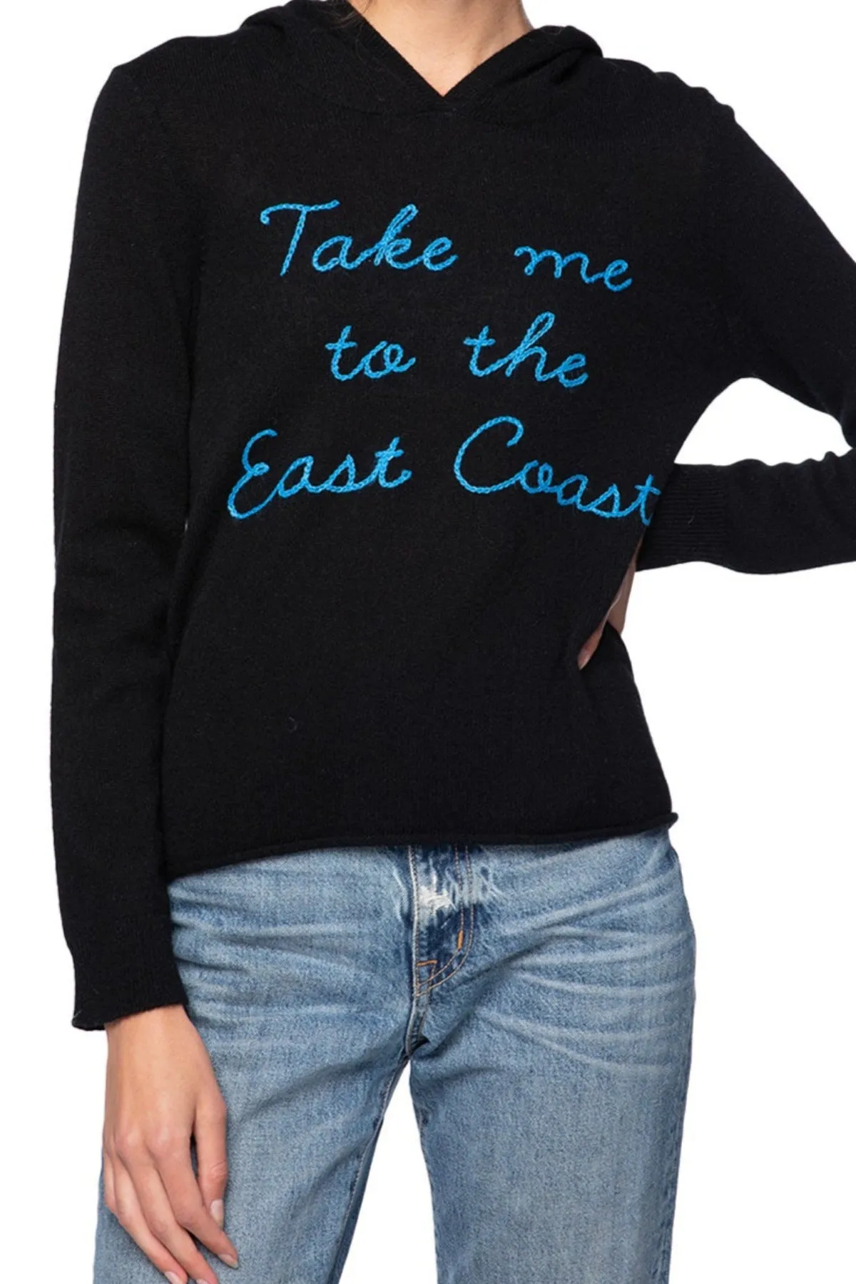 100% Cashmere Hoodie Sweater Black with Embroidery Stitch "Take me to the East Coast"