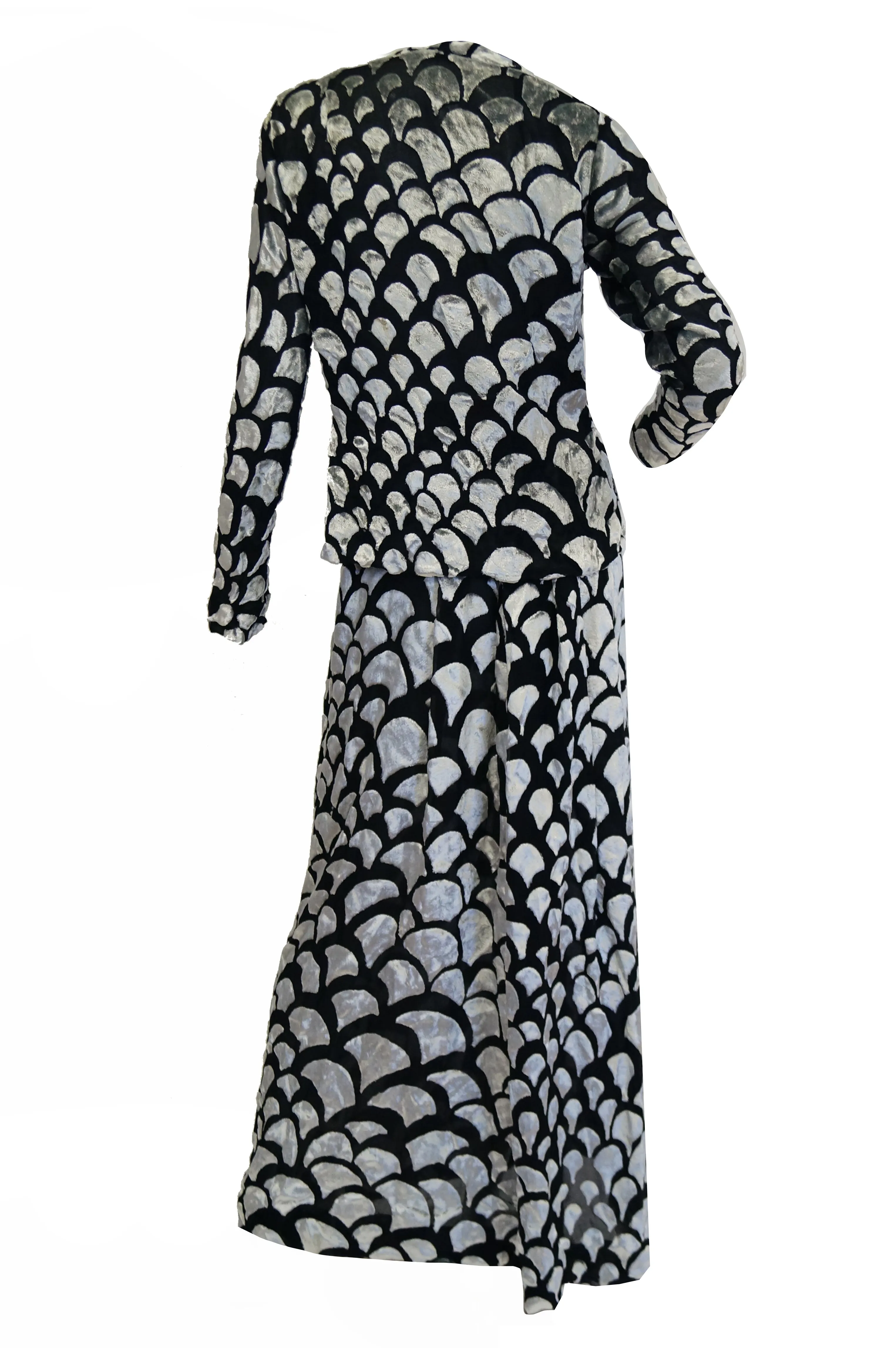 1970s Pauline Trigere Black & Silver Burnout Velvet Evening Dress Ensemble