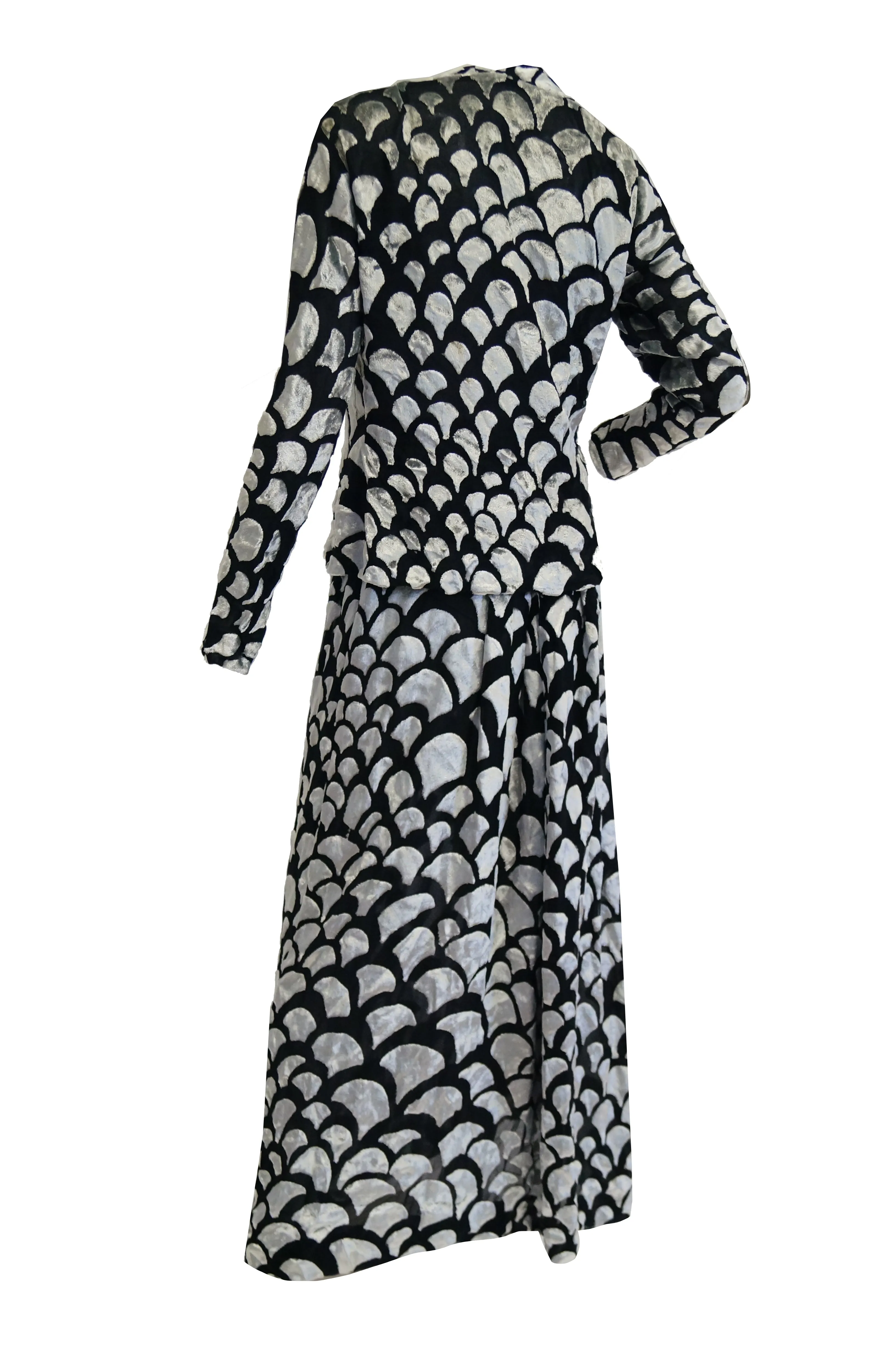 1970s Pauline Trigere Black & Silver Burnout Velvet Evening Dress Ensemble