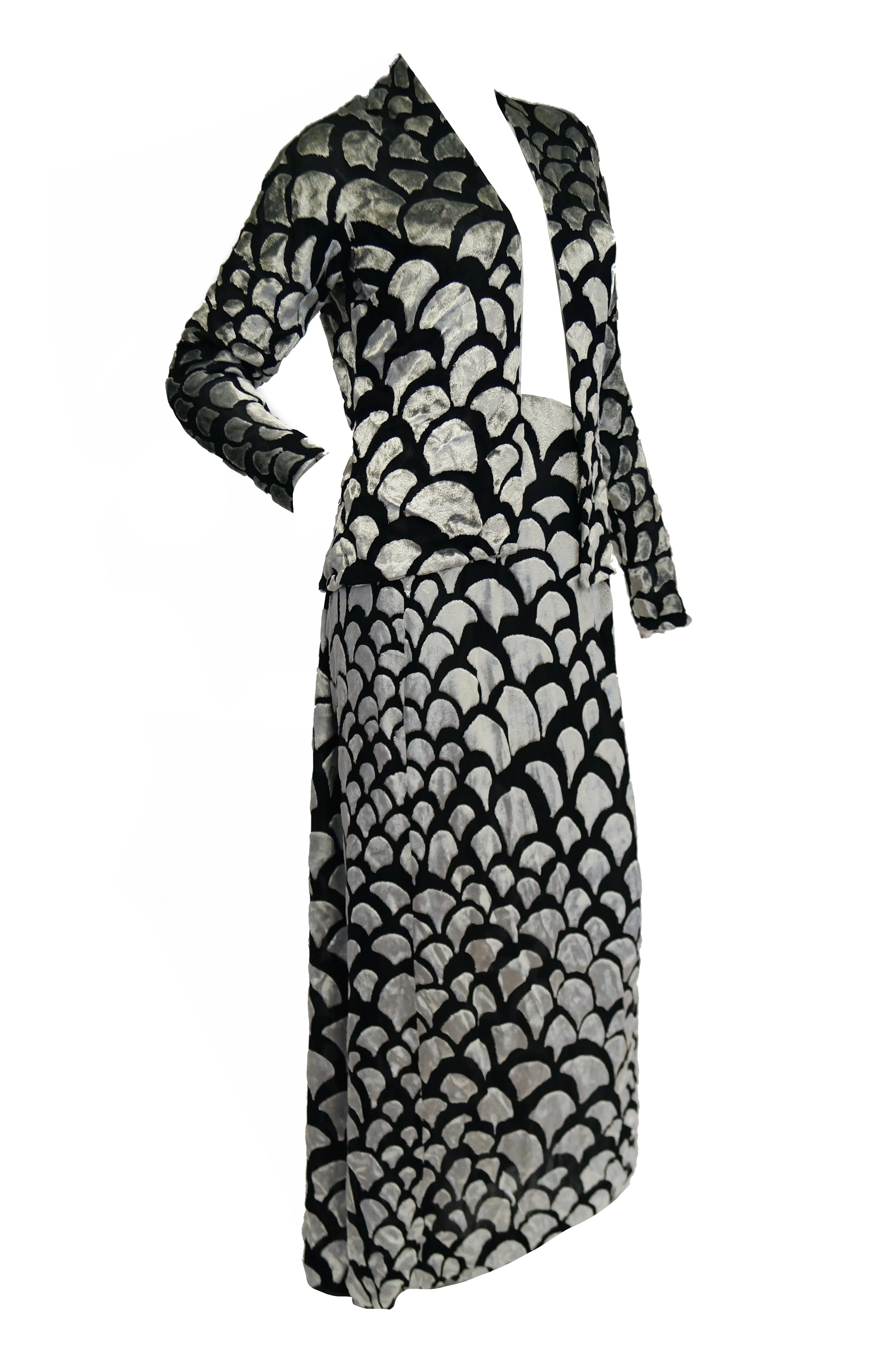 1970s Pauline Trigere Black & Silver Burnout Velvet Evening Dress Ensemble