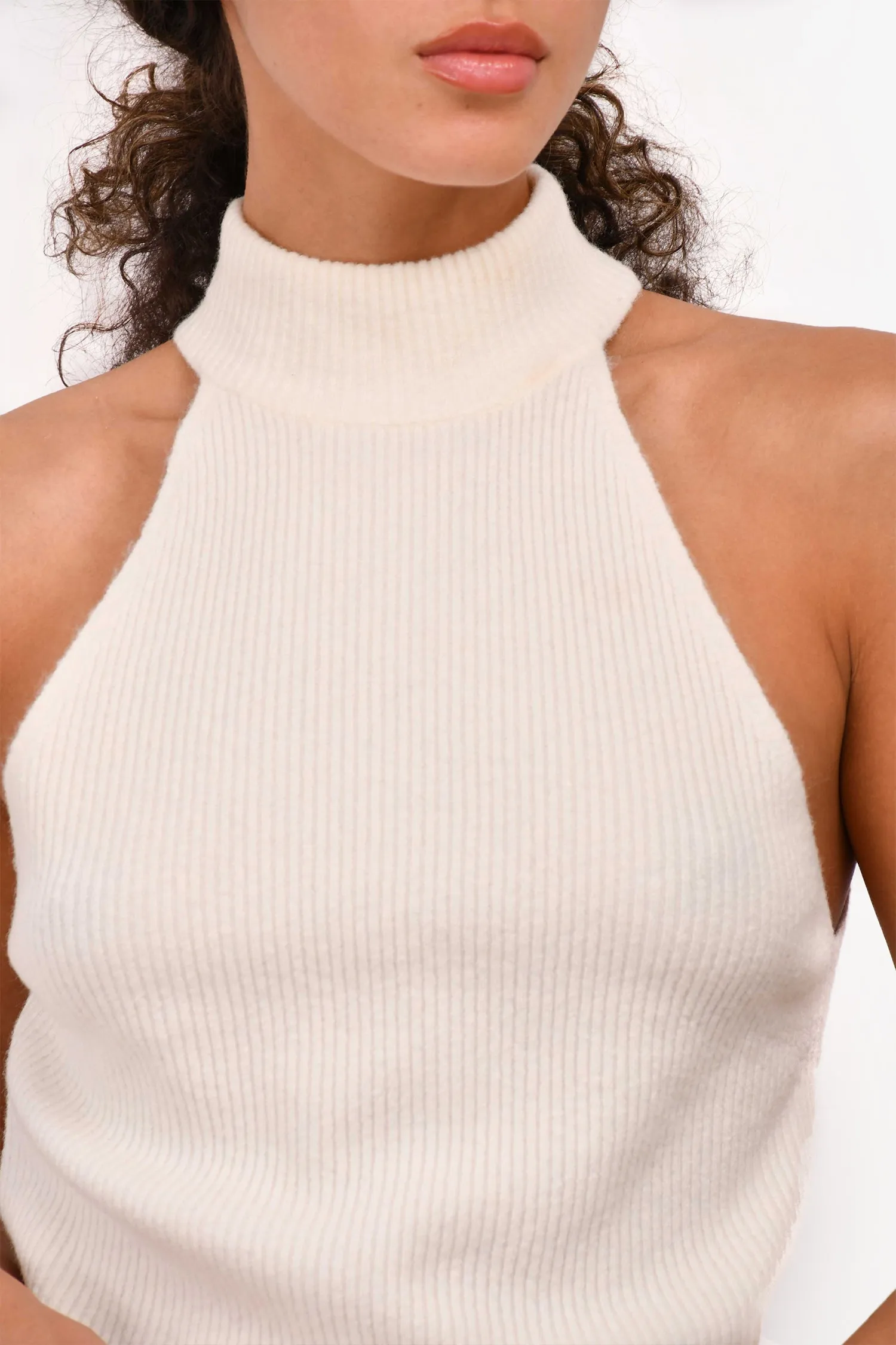 Anine Bing Cream Ribbed Wool Blend Sleeveless Turtleneck Top Size S