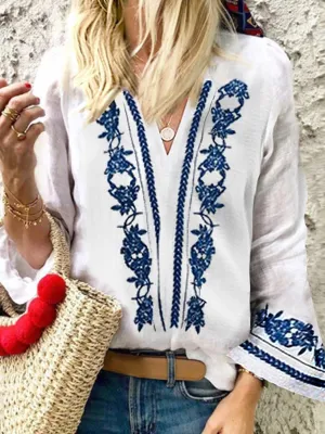 Bell Sleeve Printed Tribal V-Neck Blouse