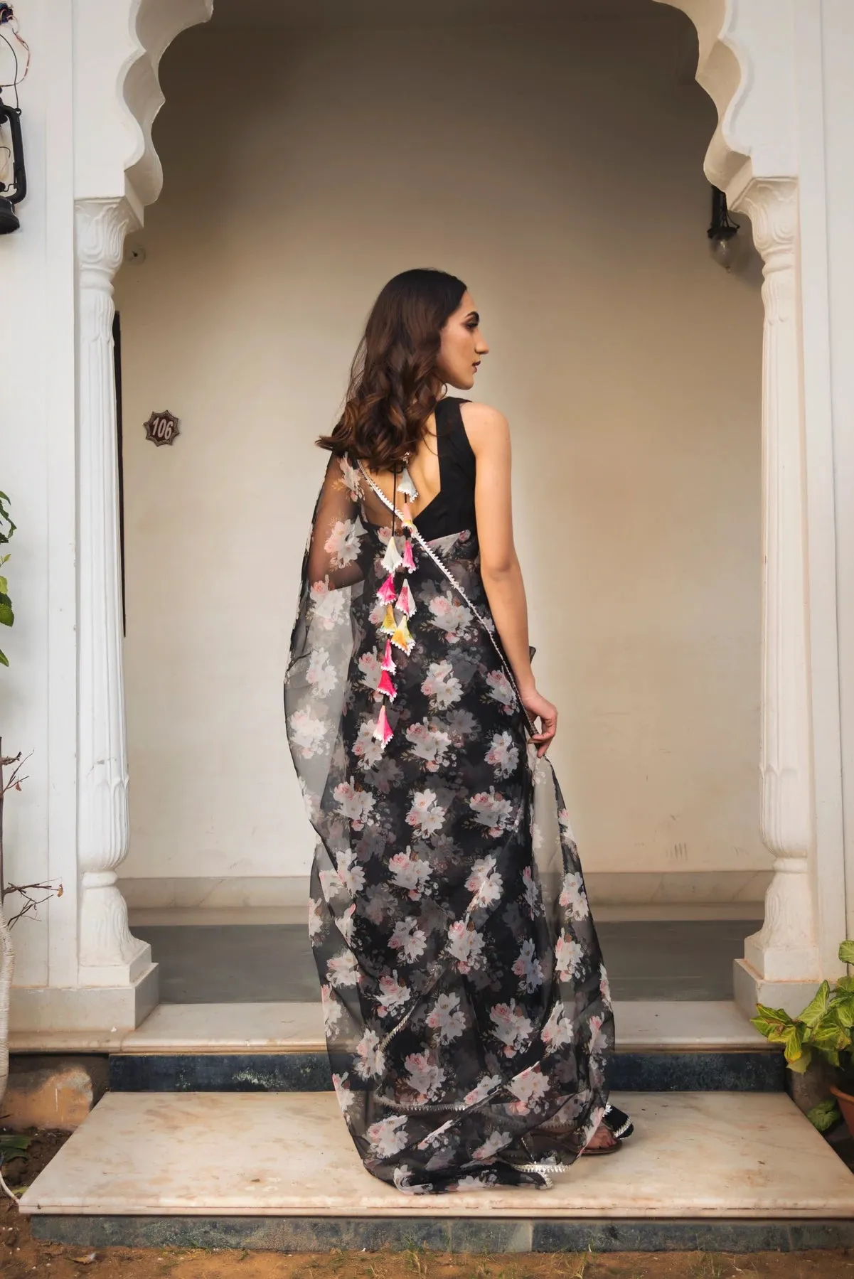 Black Organza Printed Saree with Cotton Blouse