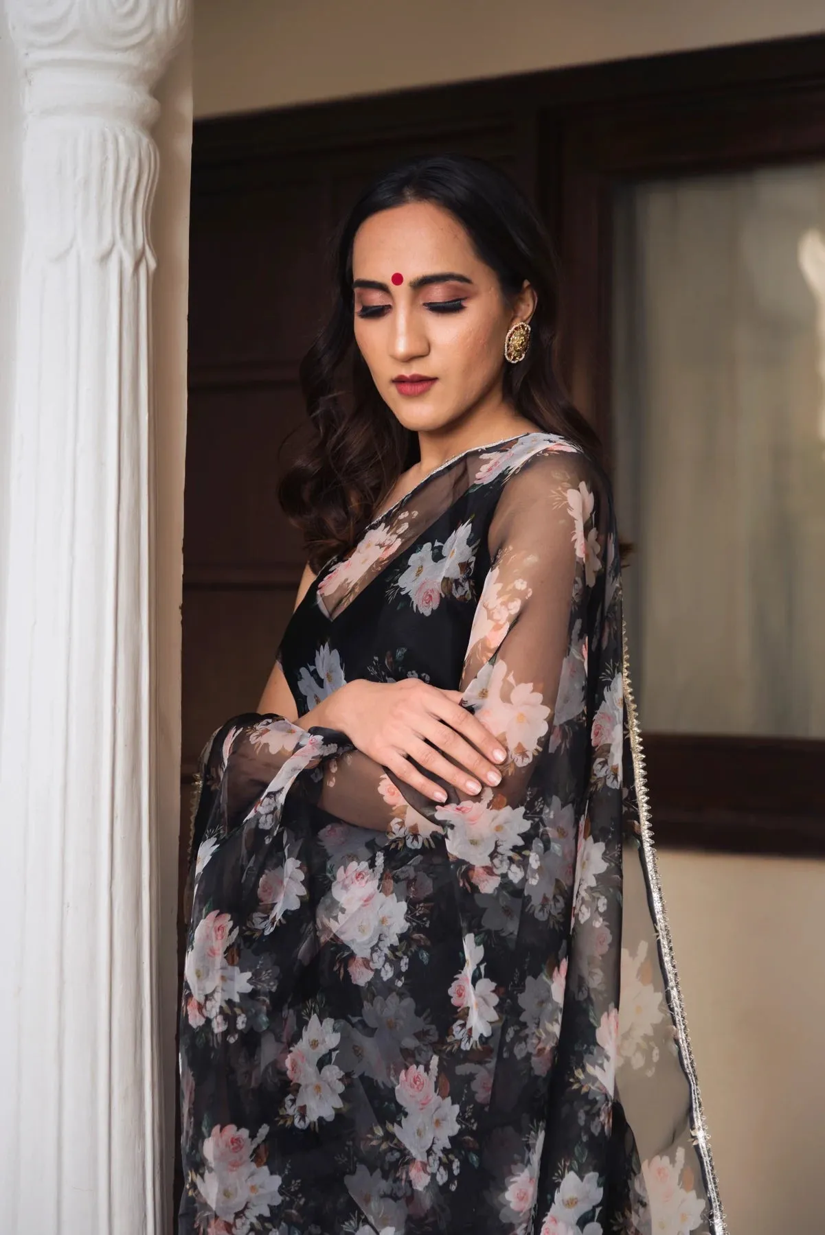 Black Organza Printed Saree with Cotton Blouse