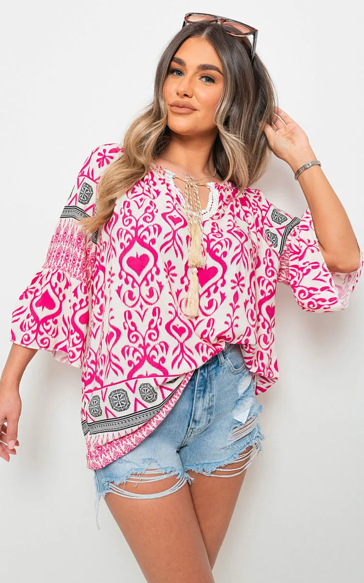 Boho Tassel Tie-Neck Loose Top