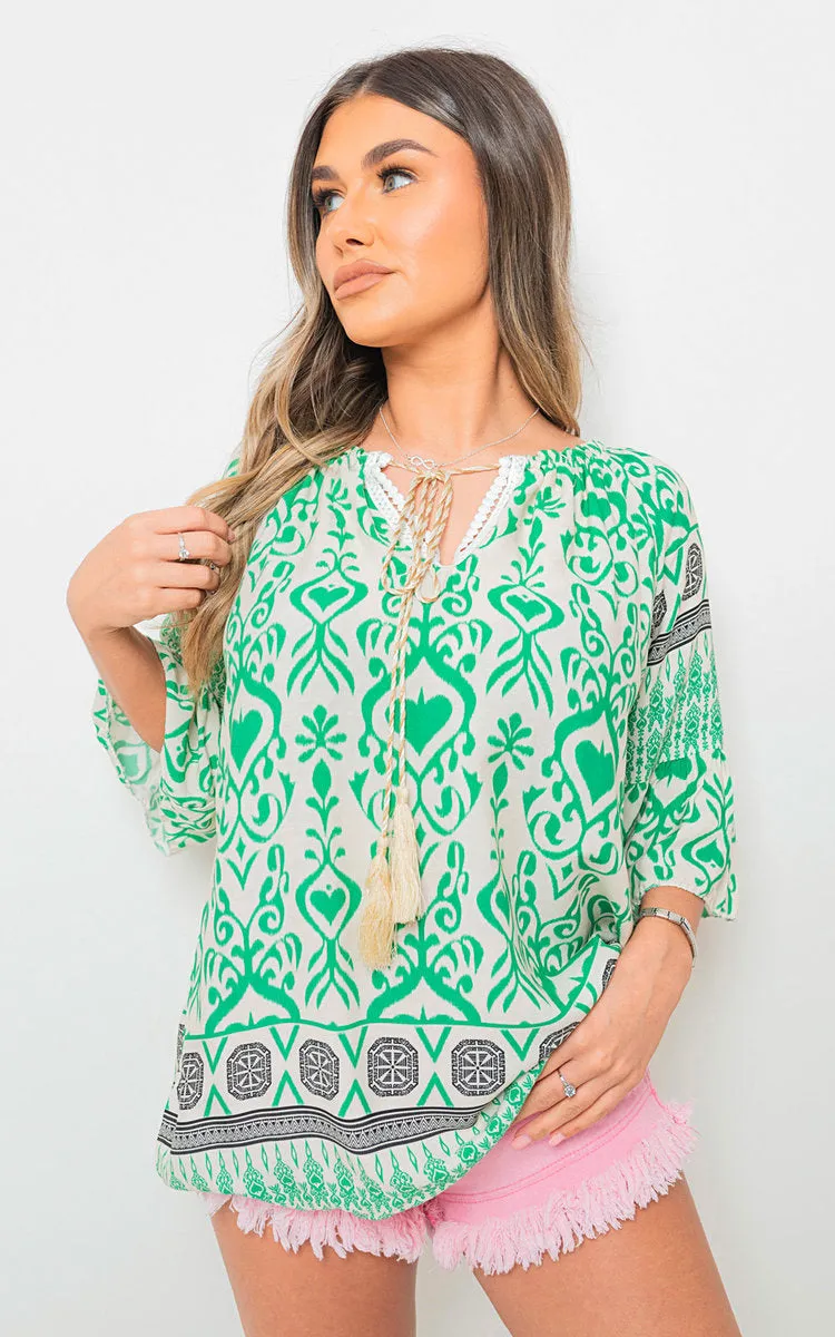 Boho Tassel Tie-Neck Loose Top