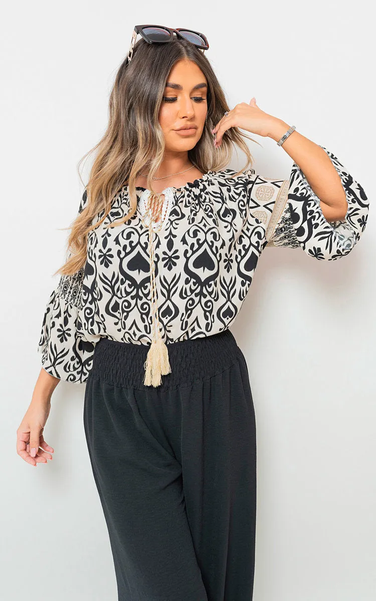 Boho Tassel Tie-Neck Loose Top