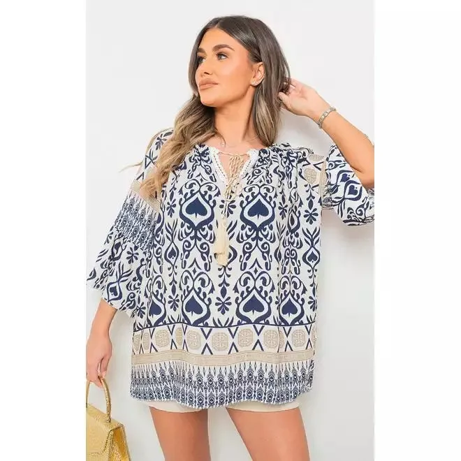 Boho Tassel Tie-Neck Loose Top