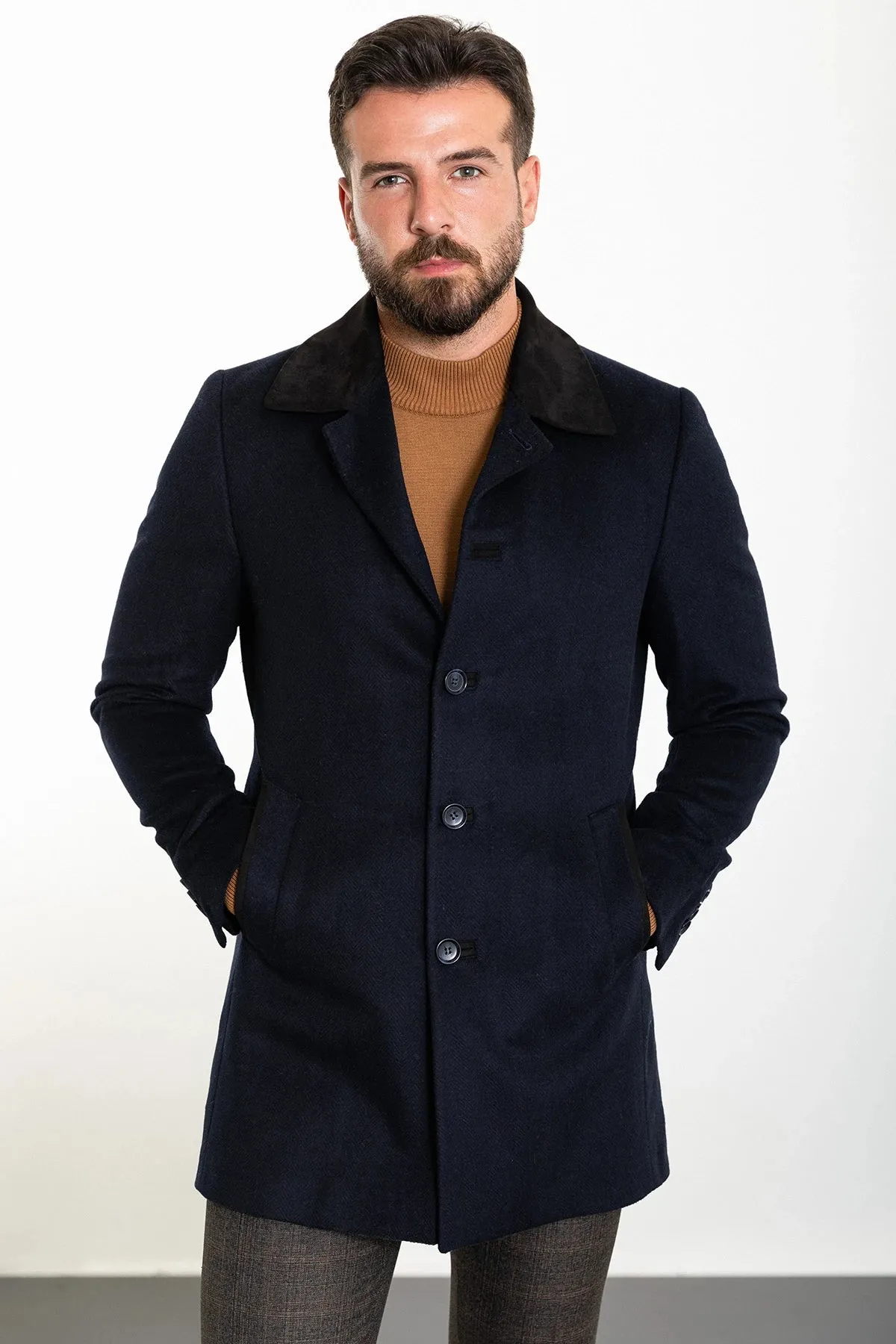 Bojoni Capena Patterned Slim Fit Collar Detailed Stamped  Navy Blue Coat