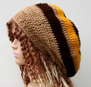 Brown Gold Wide Crown Slouchy large Tam Dreadlock Hippie Beanie Dread Hat