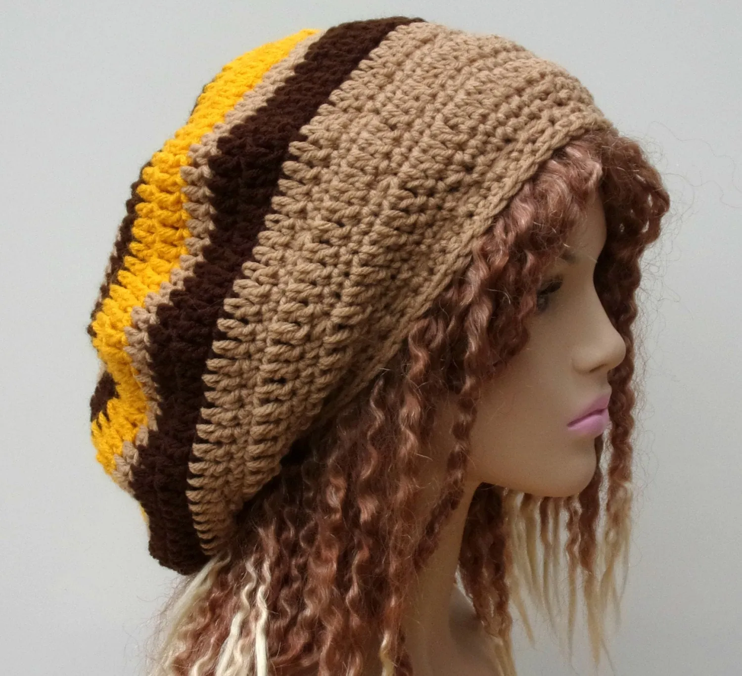 Brown Gold Wide Crown Slouchy large Tam Dreadlock Hippie Beanie Dread Hat