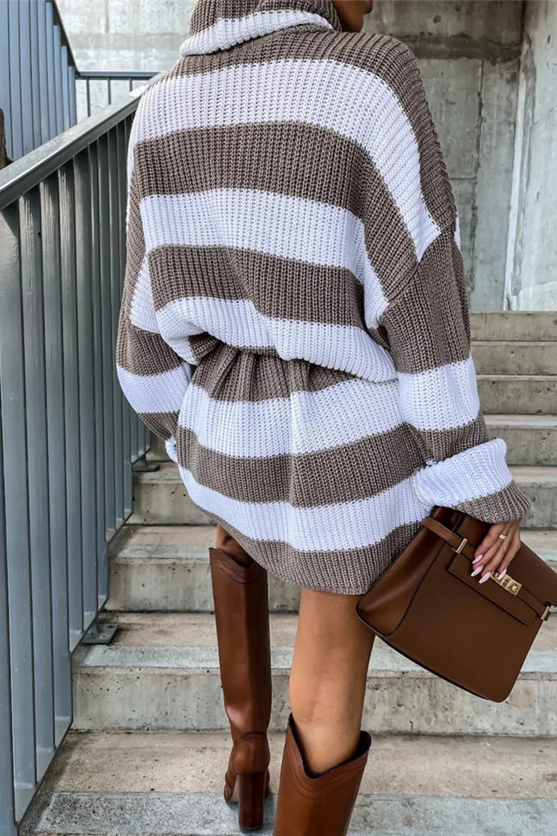 Casual Striped Patchwork Turtleneck Long Sleeve Dresses