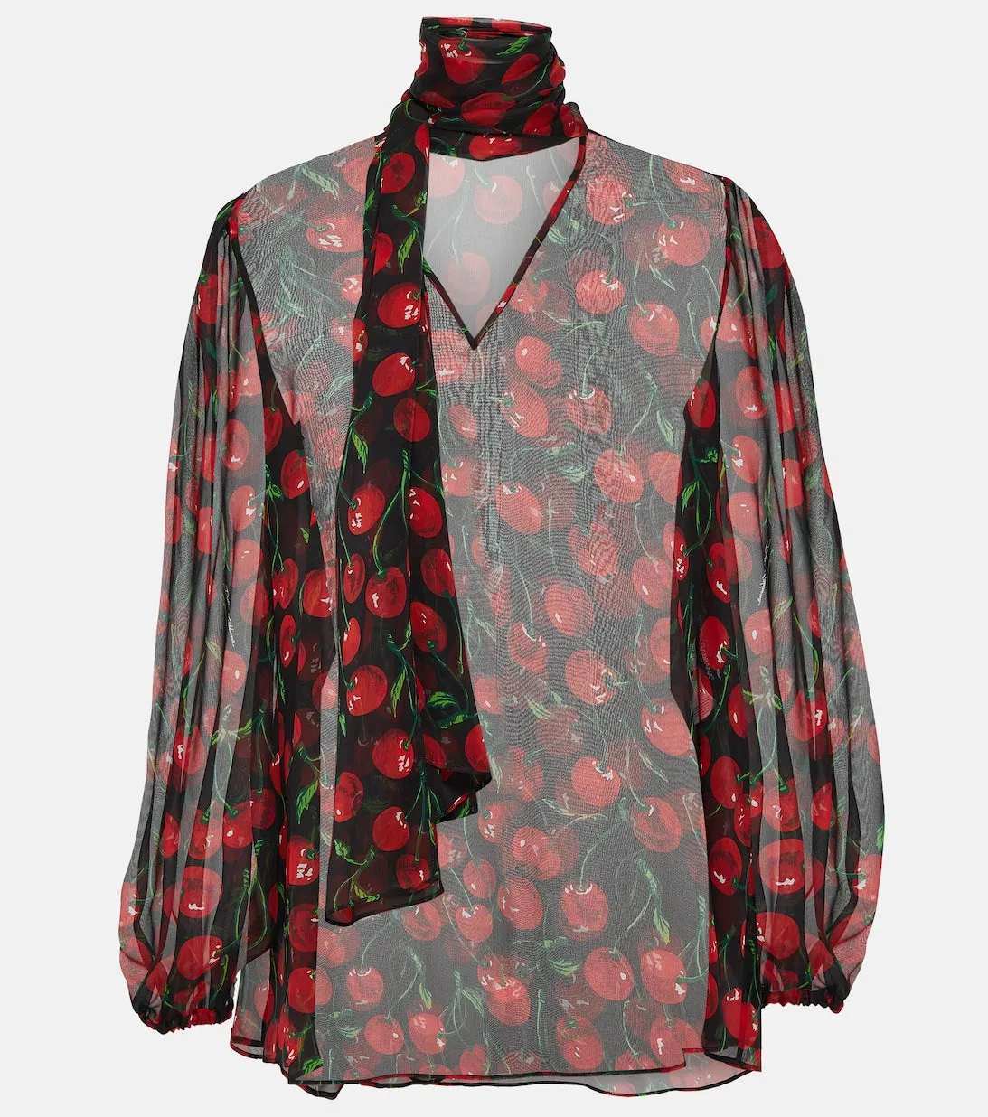 Cherry silk chiffon blouse with tie collar DOLCE&GABBANA, black