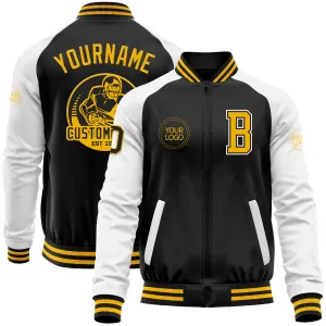 Custom Black Gold-White Bomber Varsity Letterman Two Tone Zipper Jacket