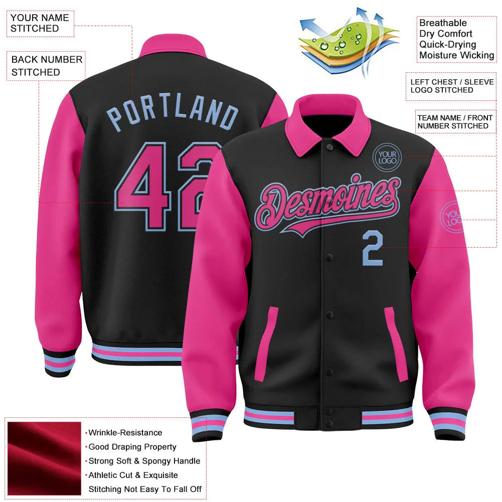 Custom Black Pink-Light Blue Bomber Full-Snap Varsity Letterman Two Tone Lapel Collar Byron Jacket