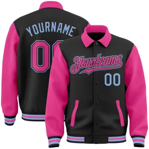 Custom Black Pink-Light Blue Bomber Full-Snap Varsity Letterman Two Tone Lapel Collar Byron Jacket