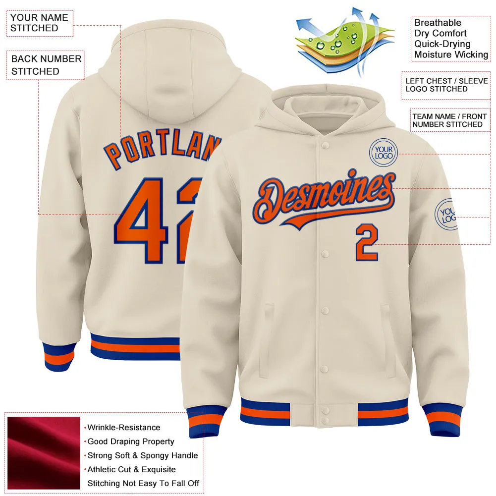 Custom Cream Orange-Royal Bomber Full-Snap Varsity Letterman Hoodie Jacket