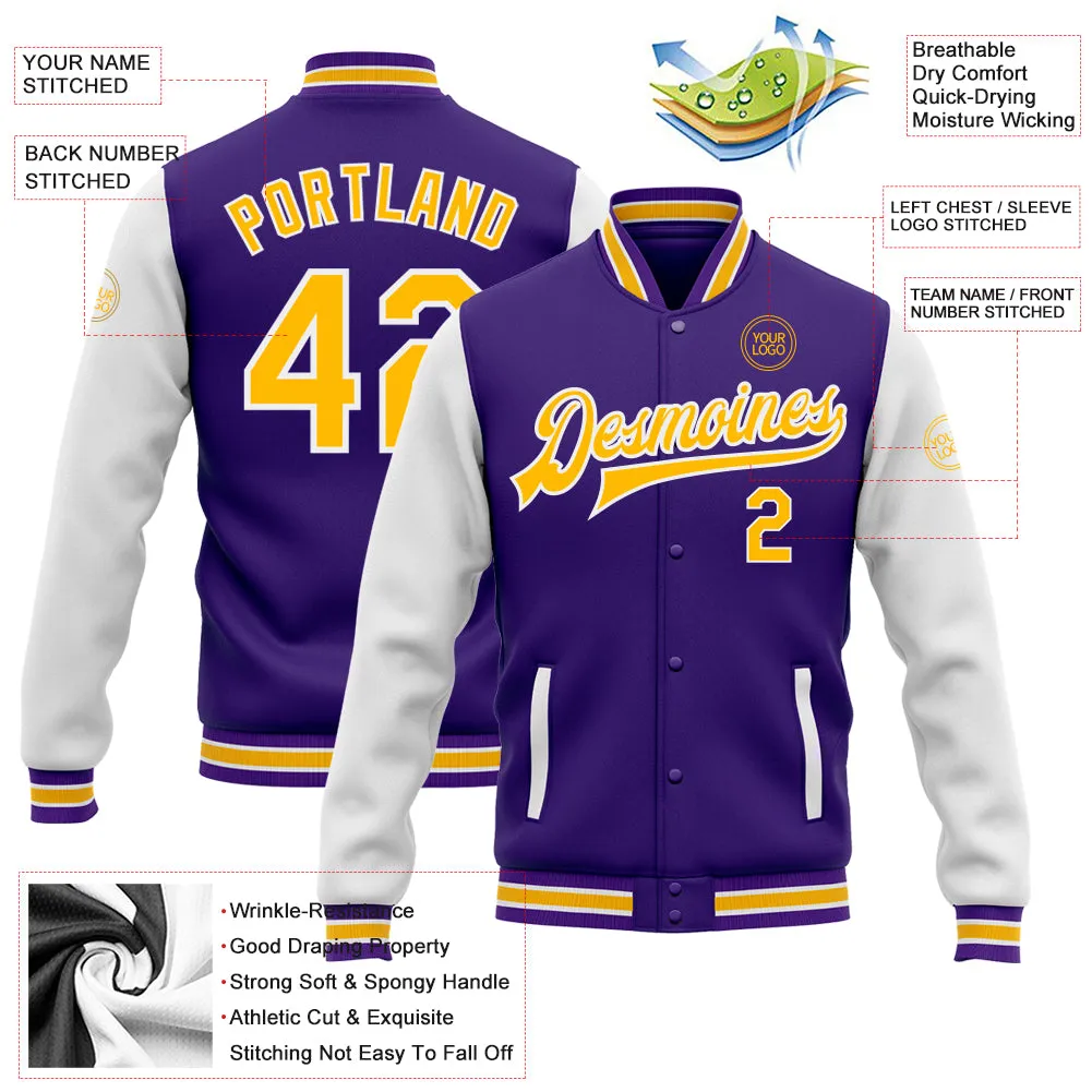 Custom Purple Gold-White Bomber Full-Snap Varsity Letterman Two Tone Jacket