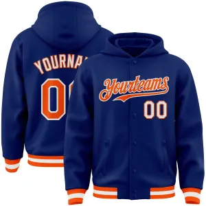 Custom Royal Orange-White Bomber Full-Snap Varsity Letterman Hoodie Jacket