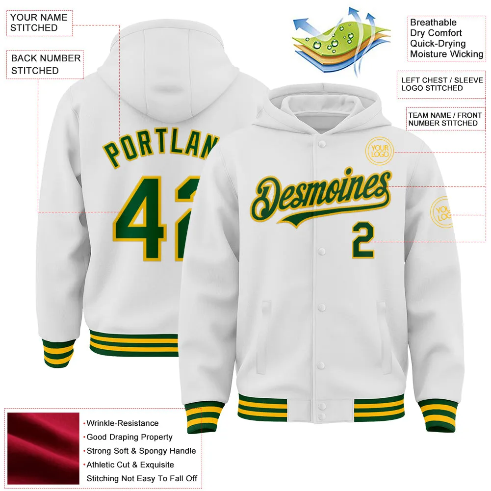 Custom White Green-Gold Bomber Full-Snap Varsity Letterman Hoodie Jacket