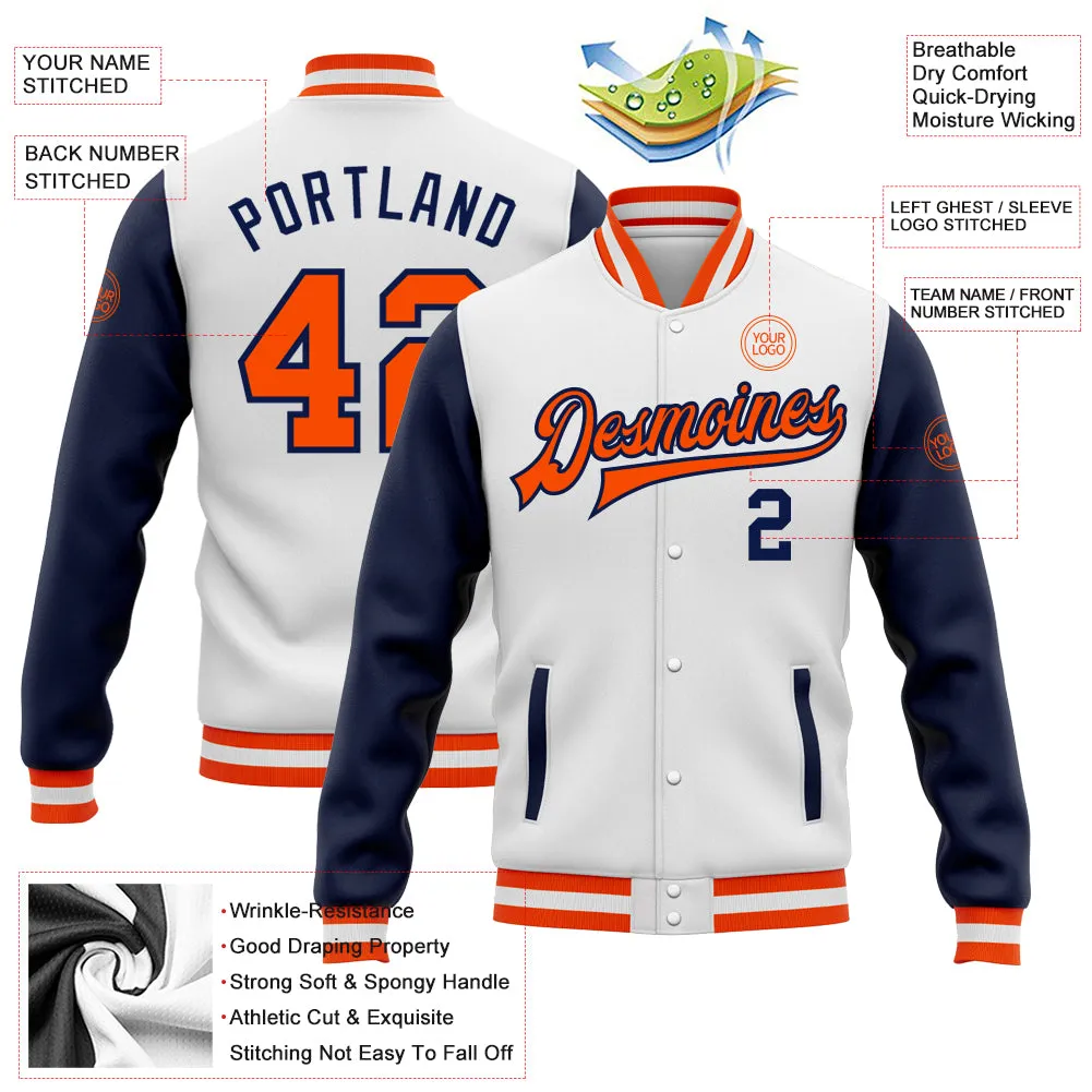 Custom White Orange-Navy Bomber Full-Snap Varsity Letterman Two Tone Jacket