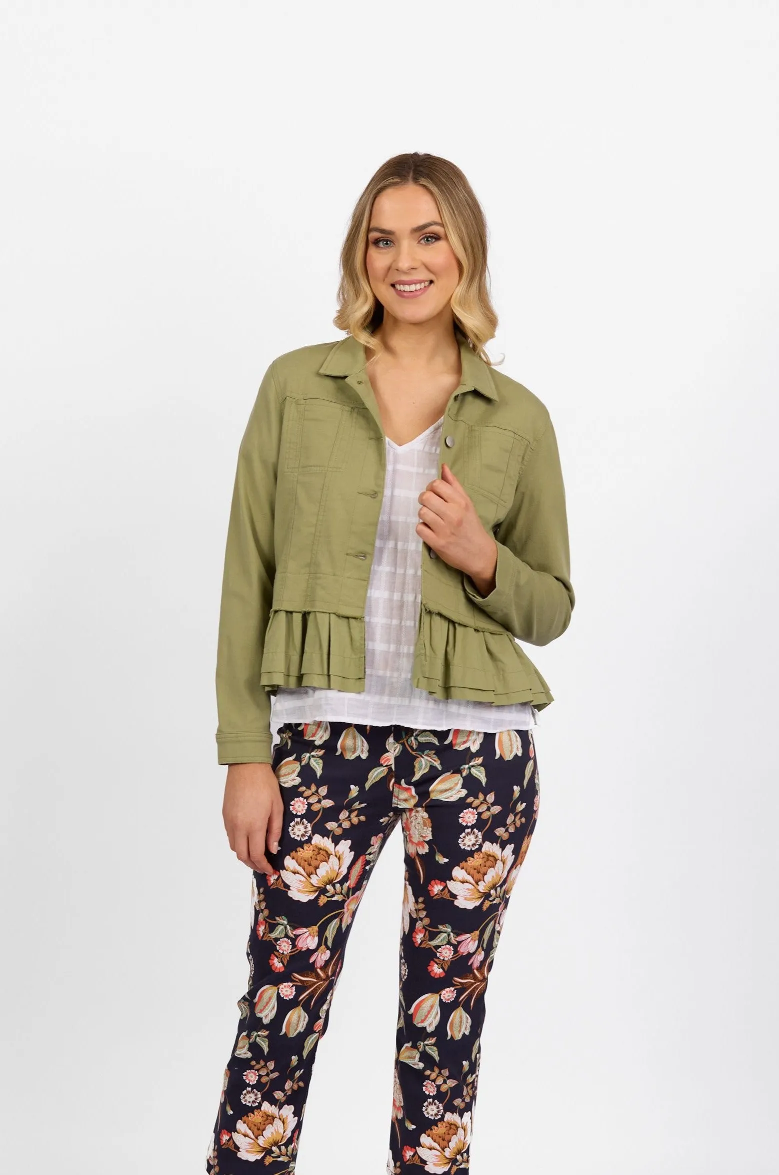 Denim Jacket with Cotton Frill Hem - Sage