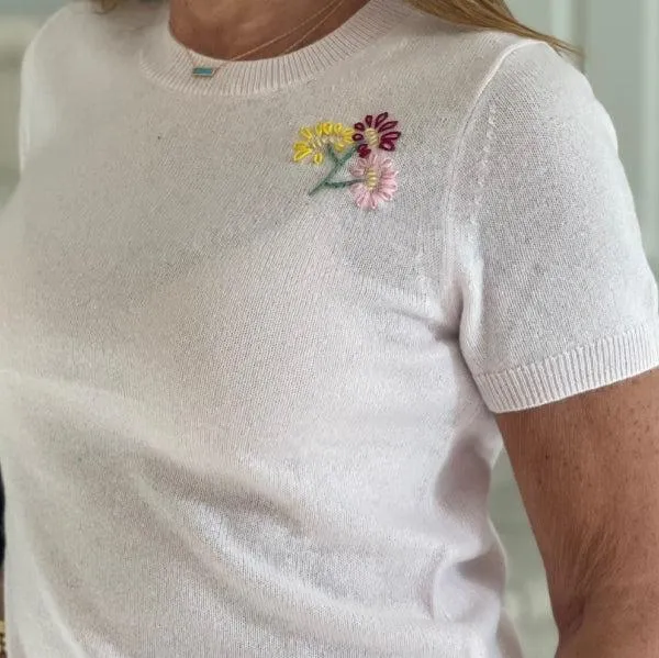 DTD Short Sleeve Cashmere Sweater with Hand Embroidered Florals