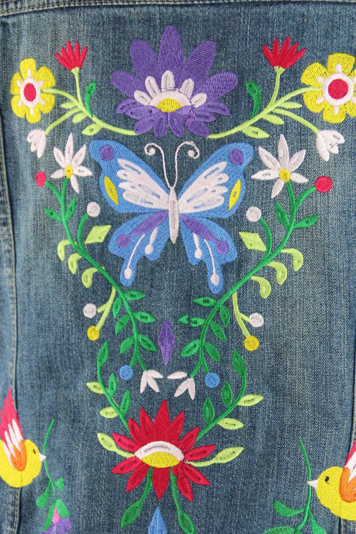 Embroidered Denim Jacket / Butterfly Birds Floral Folk Embroidery