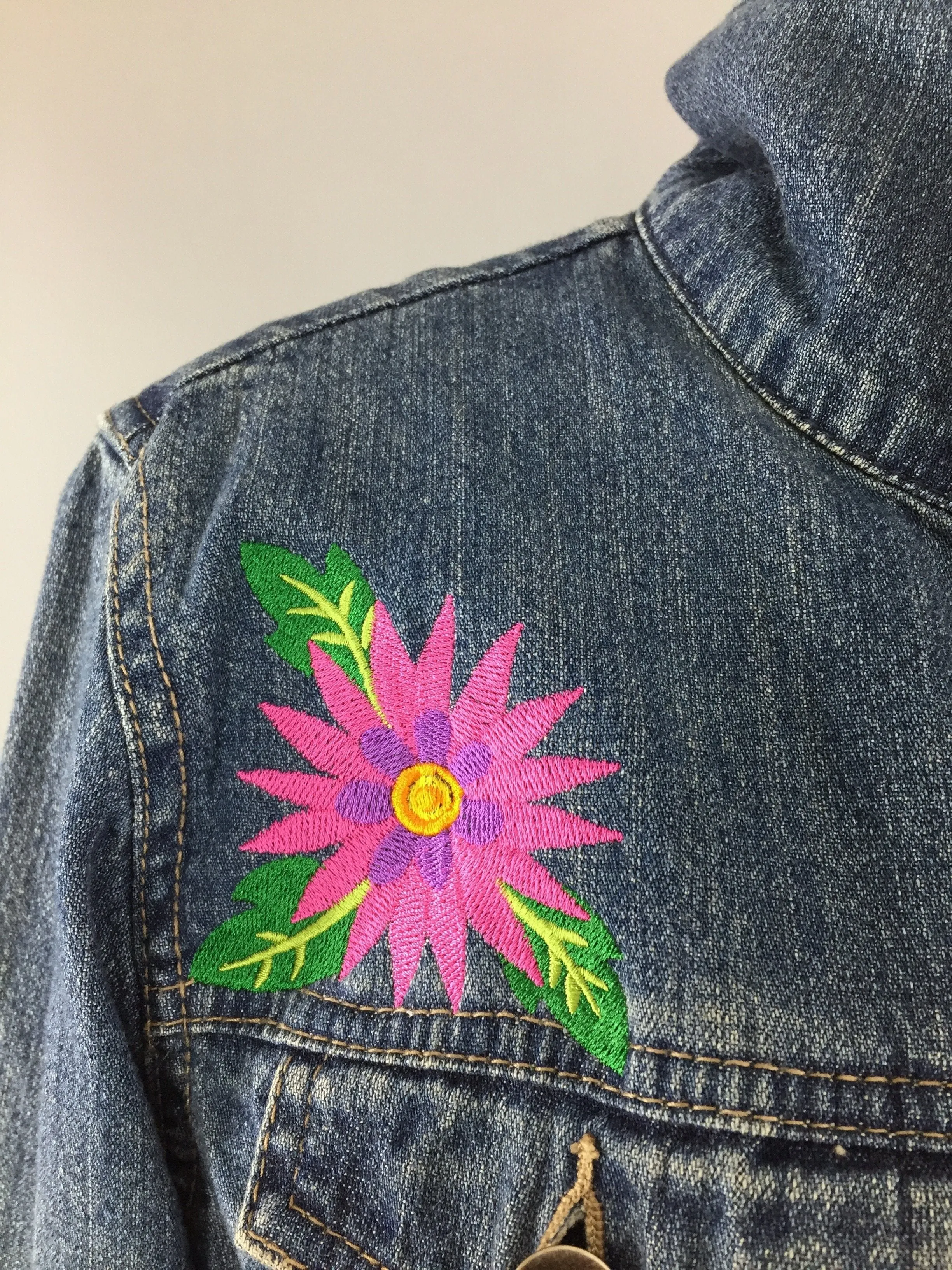 Embroidered Denim Jacket / Butterfly Birds Floral Folk Embroidery