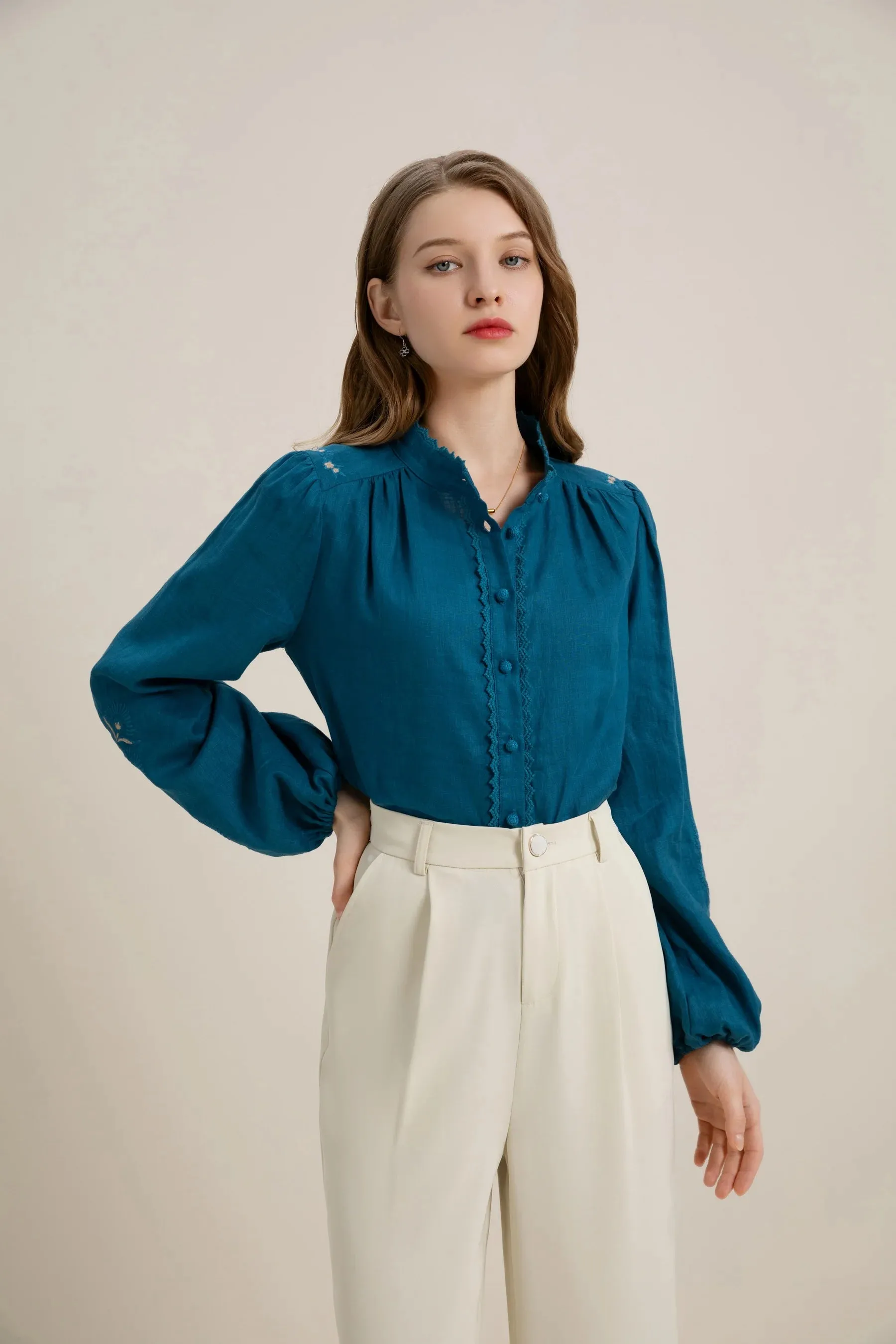 GDS Kierra Linen Button Blouse  | Mosaic Blue