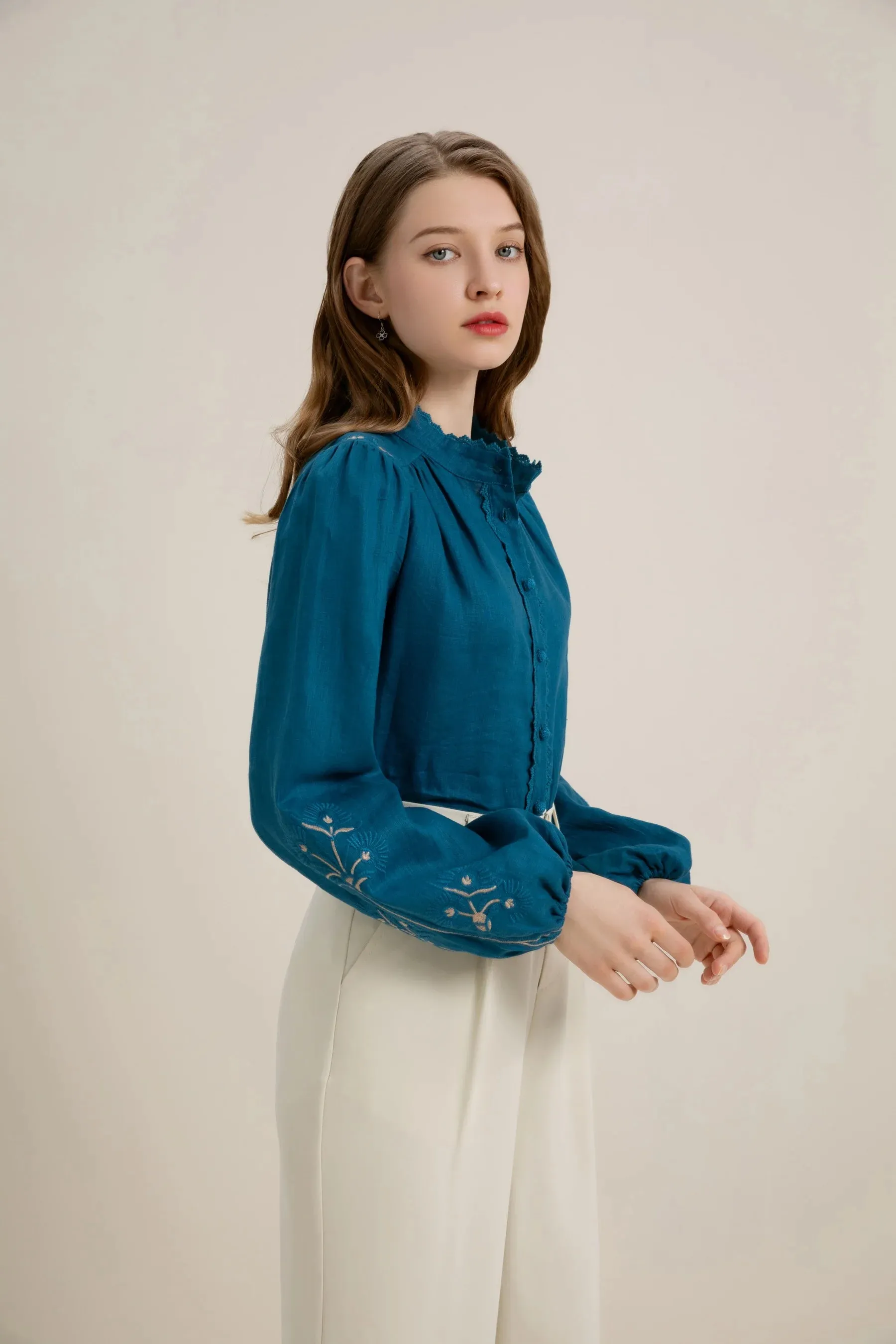 GDS Kierra Linen Button Blouse  | Mosaic Blue