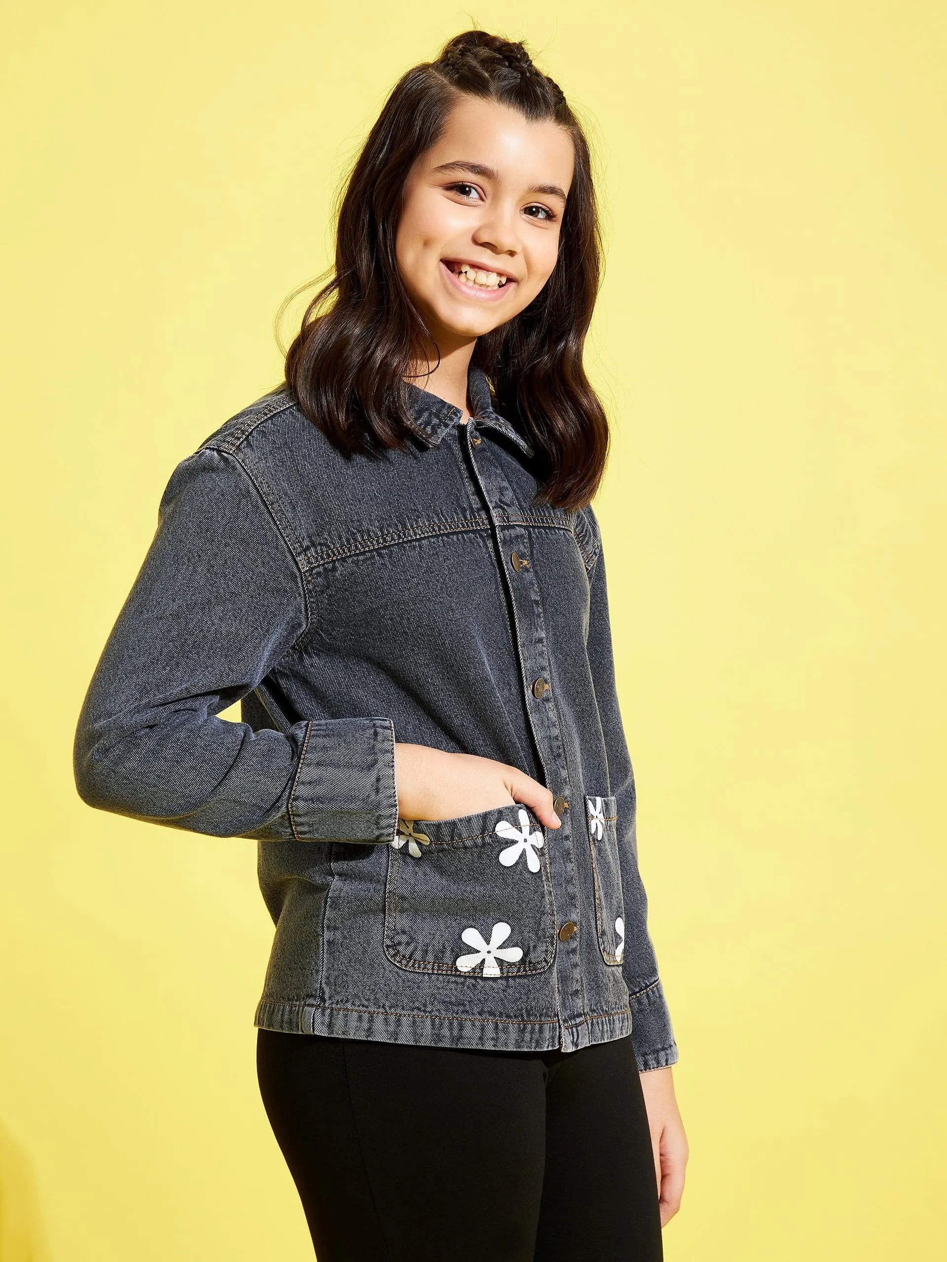 Girls Grey Acid Wash Flower Denim Jacket - Lyush Kids