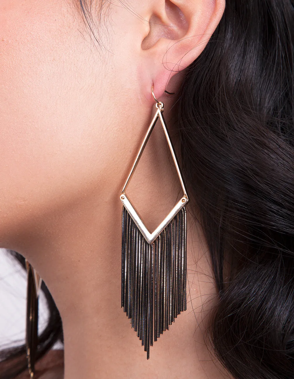 Gold Black Chain Tassel Earrings