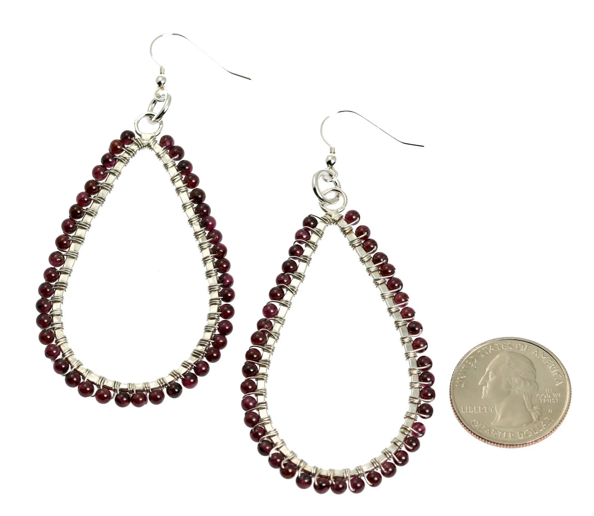 Hammered Fine Silver Garnet Tear Drop Earrings