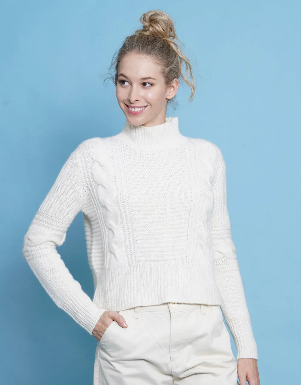 Handknitted Short Cable Jumper in Ivory