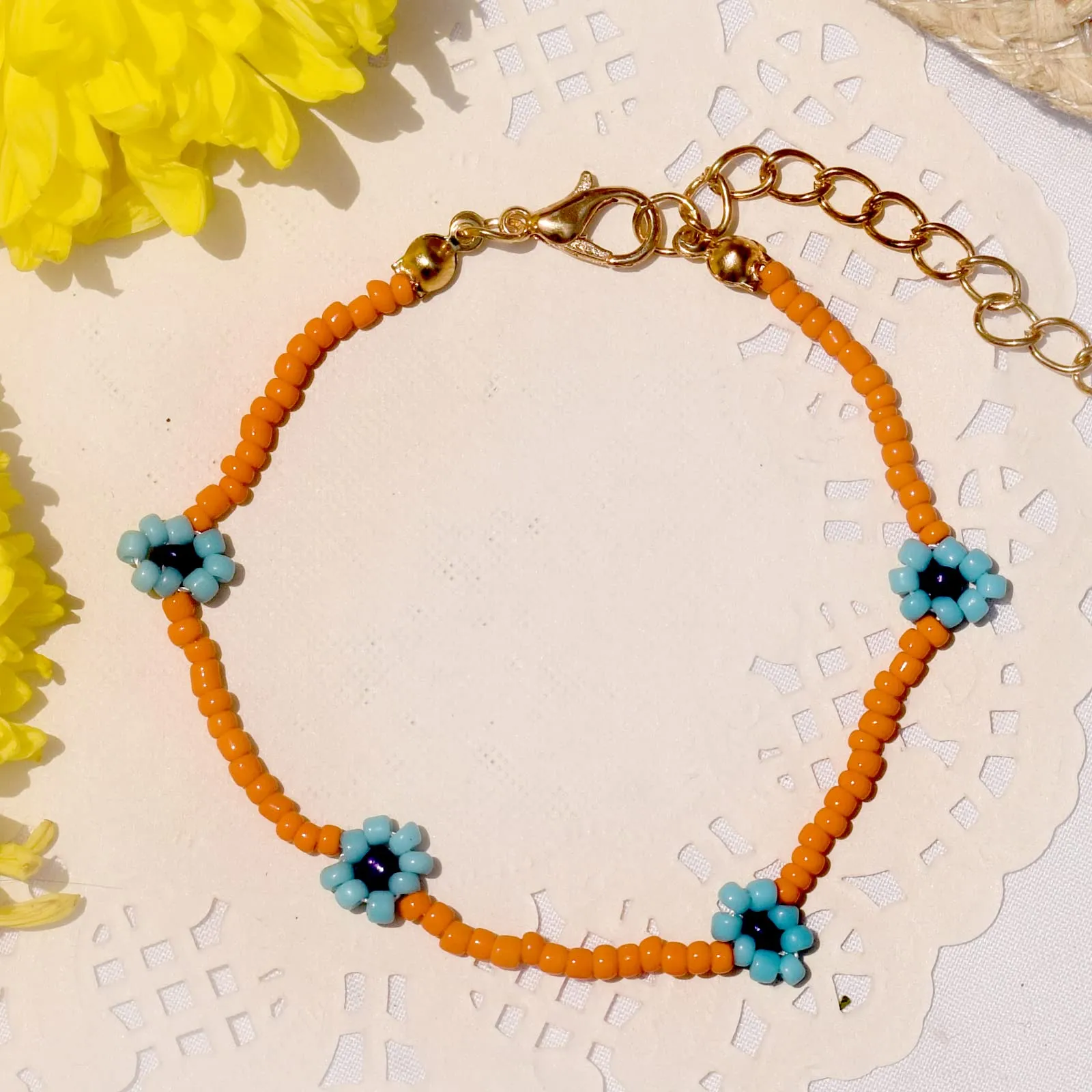 Joker & Witch Daisy Bloom Orange Beaded Bracelet for Women