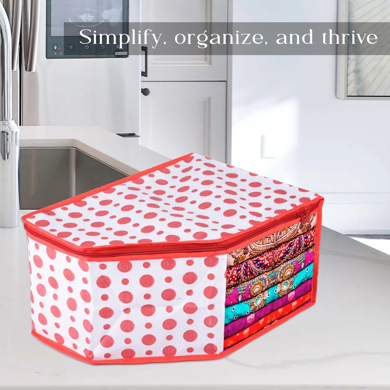 Kuber Industries Blouse Cover | Clothes Storage Bag | Zipper Wardrobe Organizers | Non-Woven Clothes Organiser | Side Transparent Blouse Organizer | Dot-Design | Pack of 12 | Red