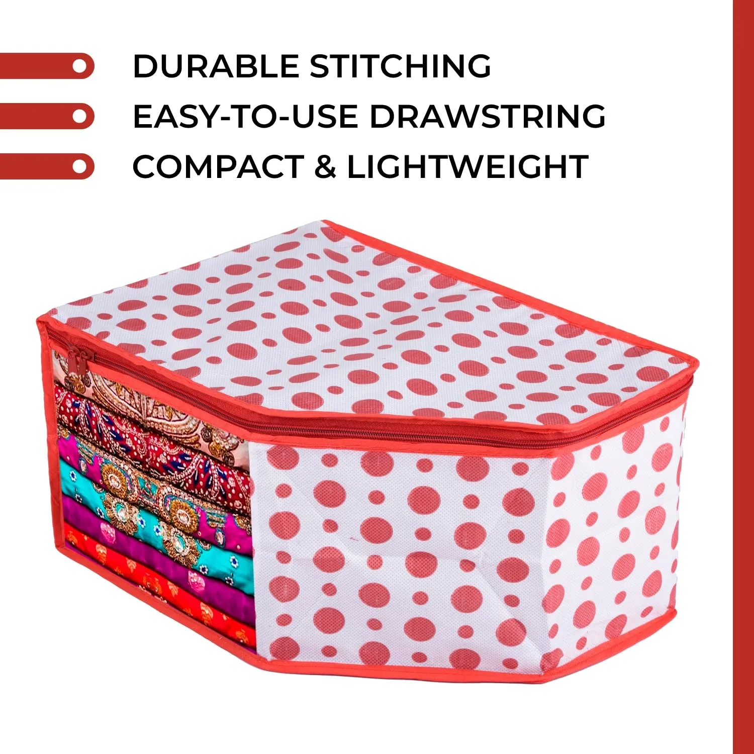 Kuber Industries Blouse Cover | Clothes Storage Bag | Zipper Wardrobe Organizers | Non-Woven Clothes Organiser | Side Transparent Blouse Organizer | Dot-Design | Pack of 12 | Red