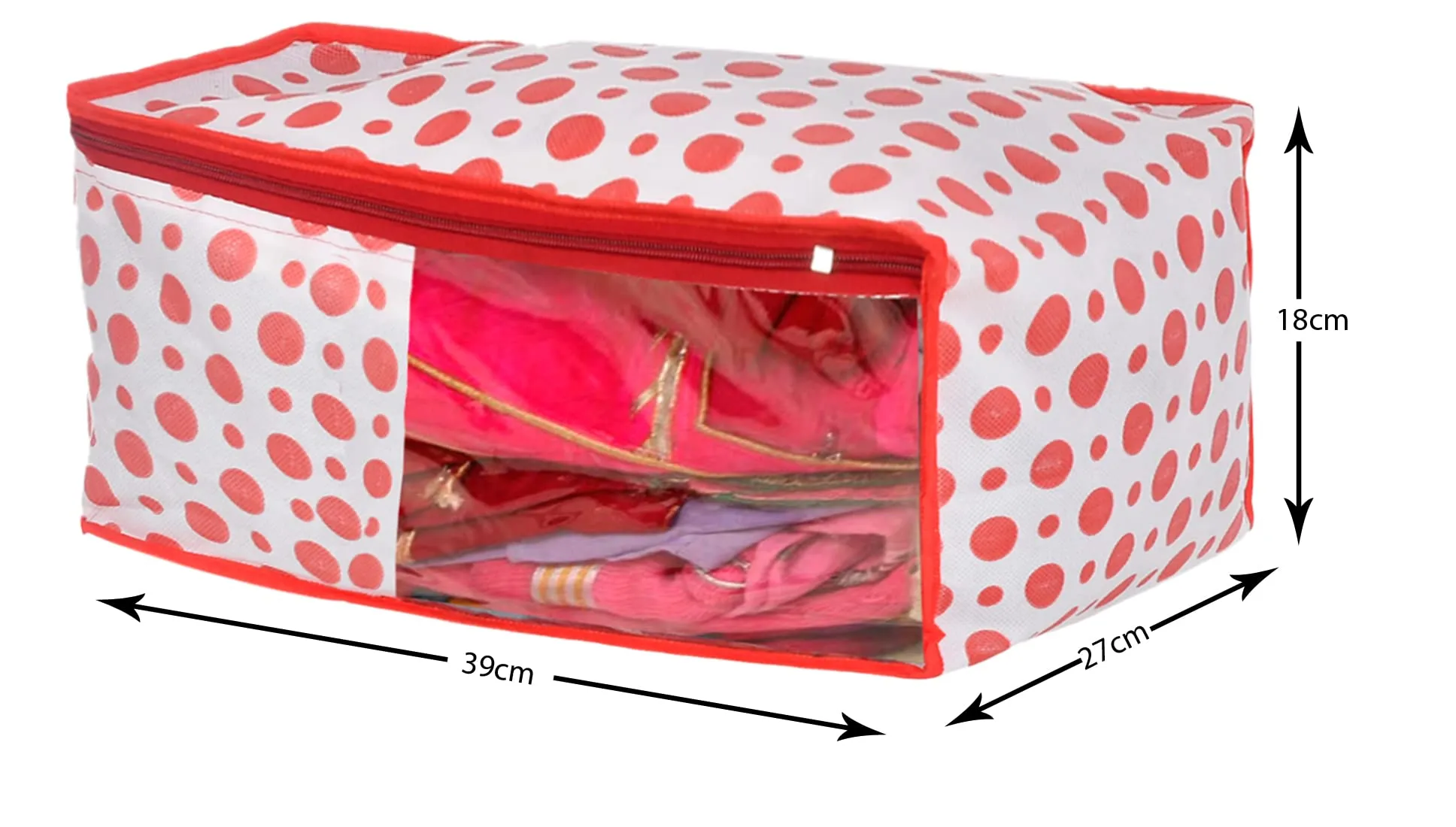 Kuber Industries Dot Printed Foldable, Lightweight Non-Woven Blouse Cover/Organizer With Tranasparent Window- Pack of 2-46KM0295, Pink