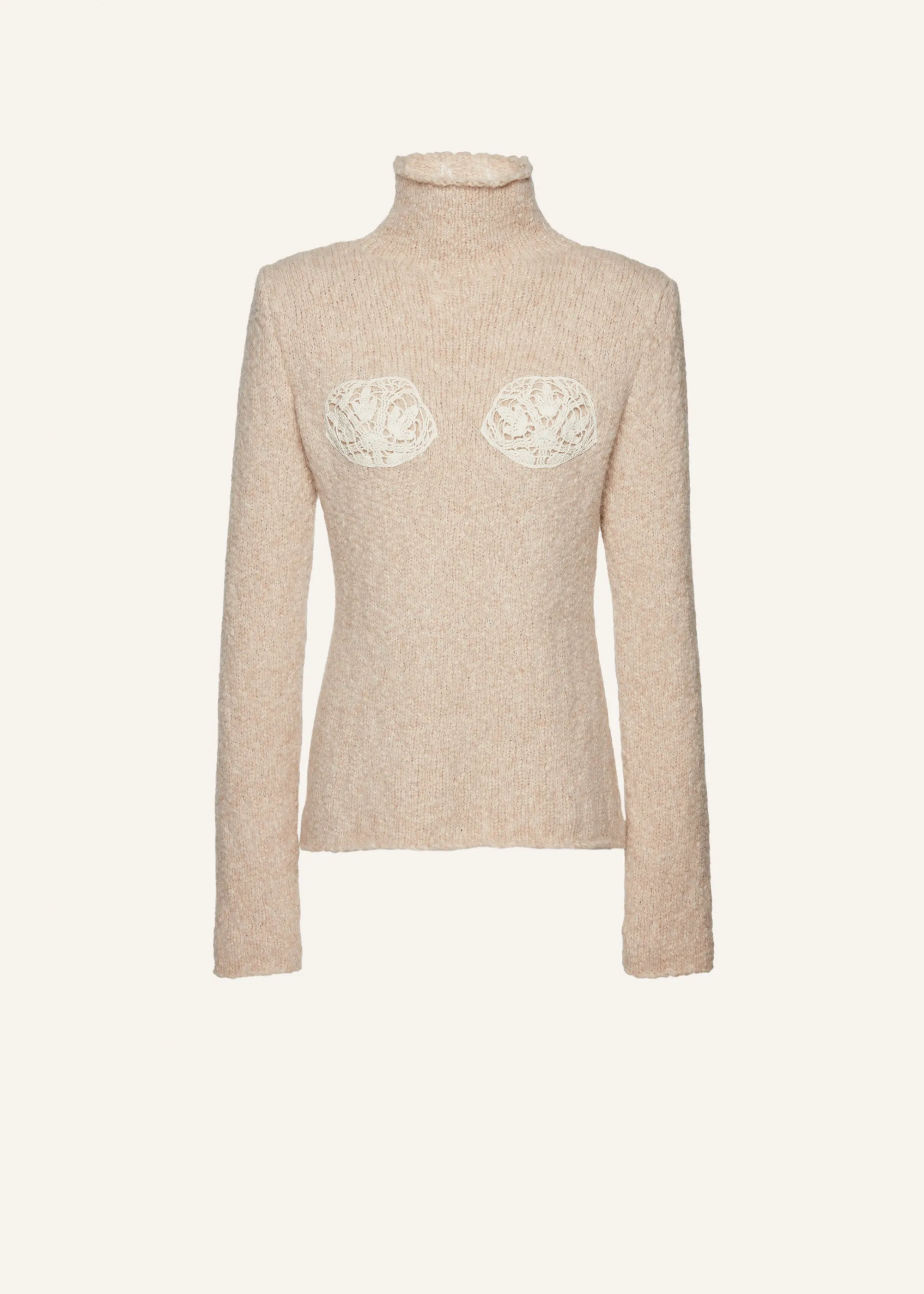 Lace bra cashmere turtleneck sweater in beige