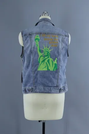 Lady Liberty Embroidered Denim Vest Jacket / I Lift My Lamp Beside the Golden Door