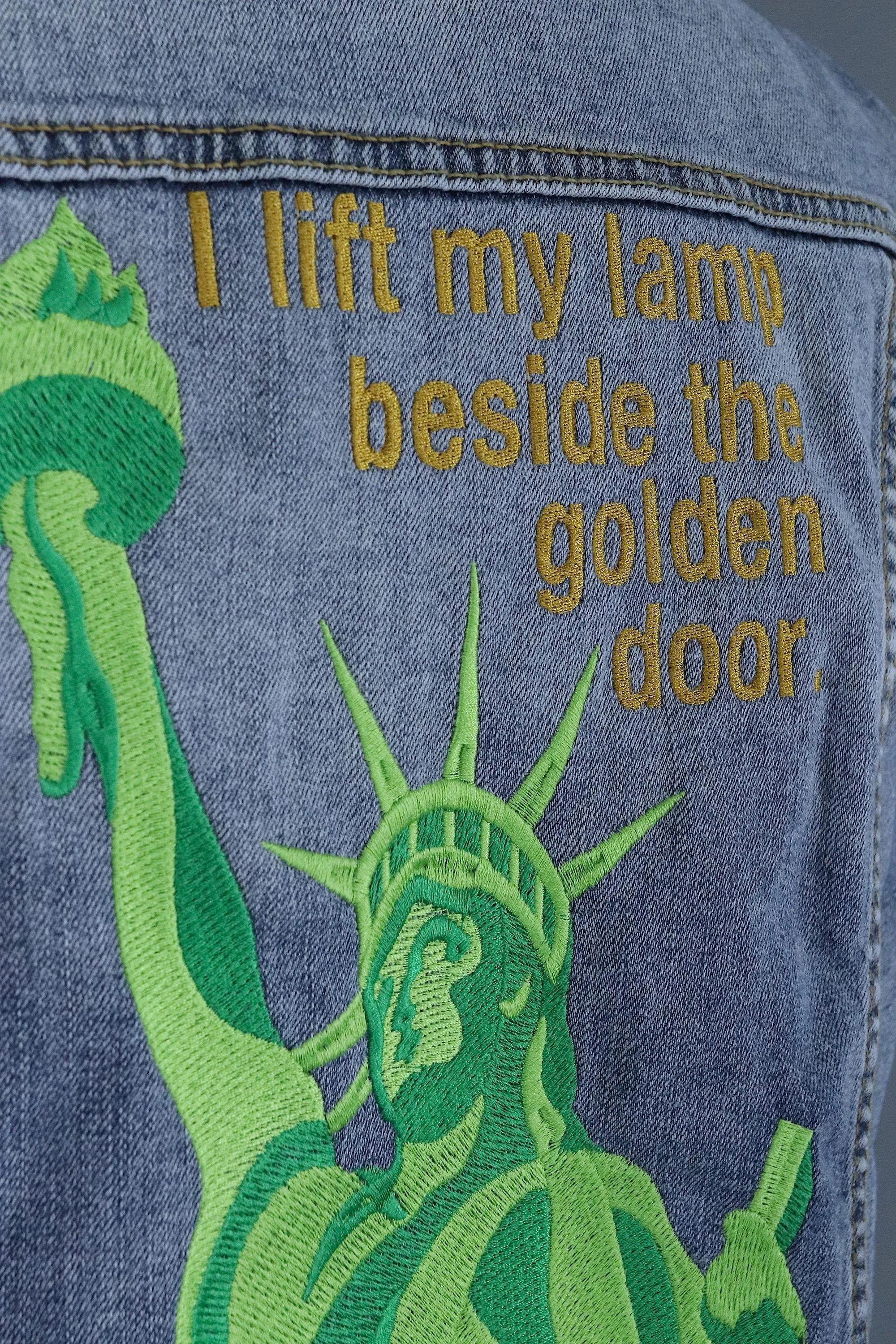 Lady Liberty Embroidered Denim Vest Jacket / I Lift My Lamp Beside the Golden Door