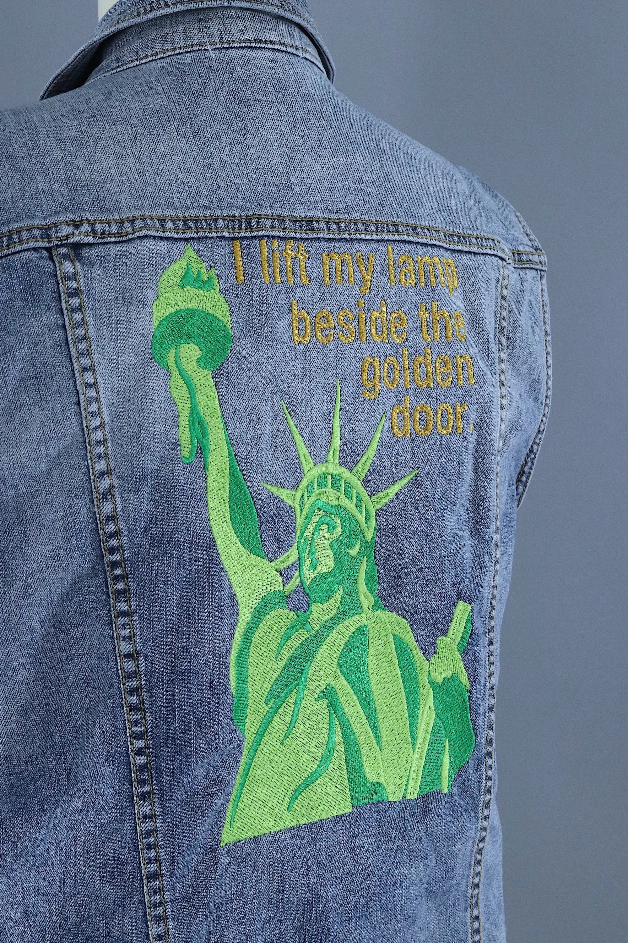 Lady Liberty Embroidered Denim Vest Jacket / I Lift My Lamp Beside the Golden Door