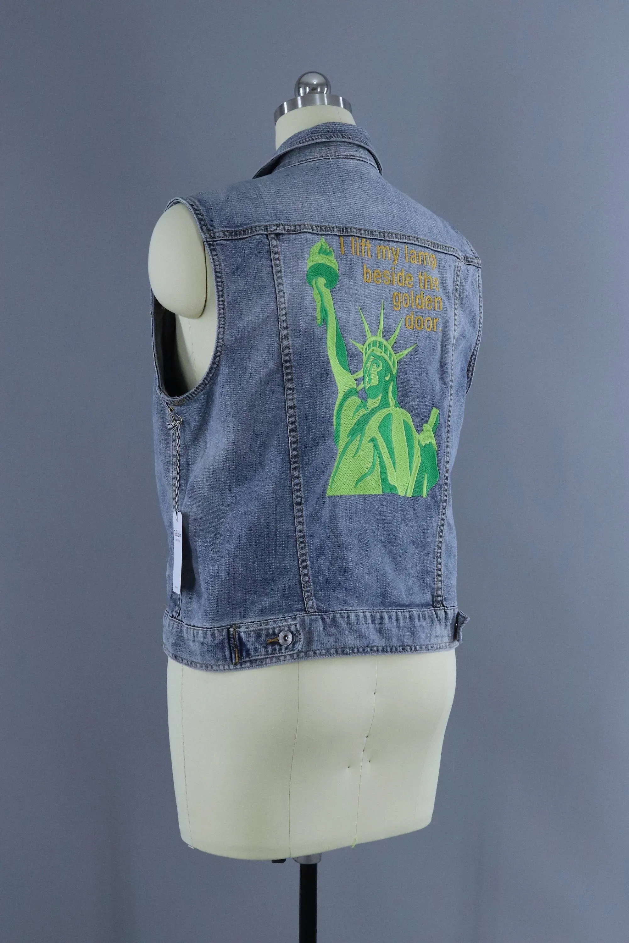 Lady Liberty Embroidered Denim Vest Jacket / I Lift My Lamp Beside the Golden Door