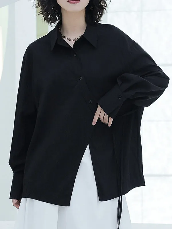 Loose Puff Sleeves Asymmetric Lace-Up See-Through Solid Color Split-Joint Lapel Blouses