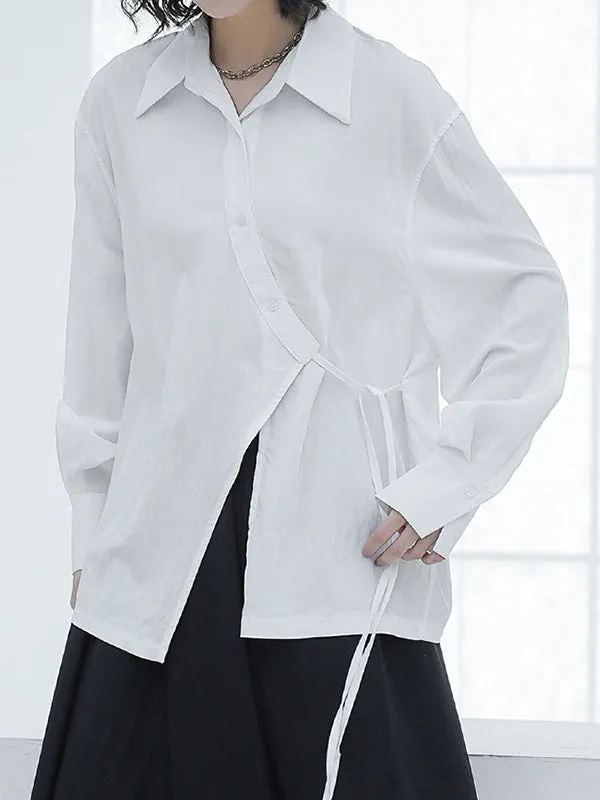 Loose Puff Sleeves Asymmetric Lace-Up See-Through Solid Color Split-Joint Lapel Blouses