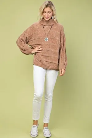 Main Strip Chenille Turtleneck Top - Camel