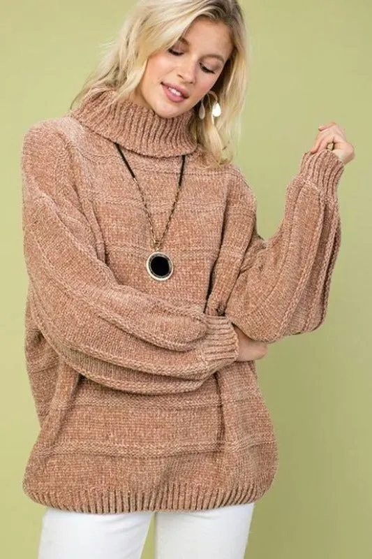 Main Strip Chenille Turtleneck Top - Camel